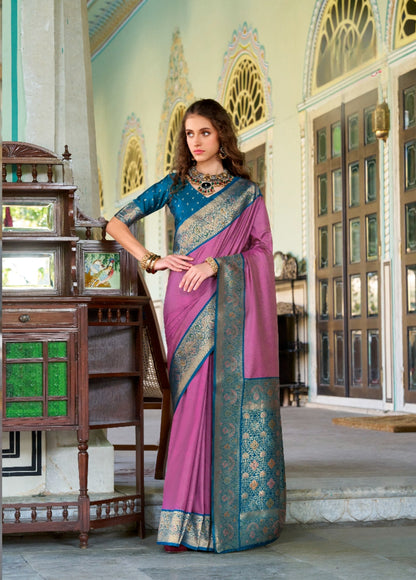 Pink soft silk zari weaving saree with blouse Piece