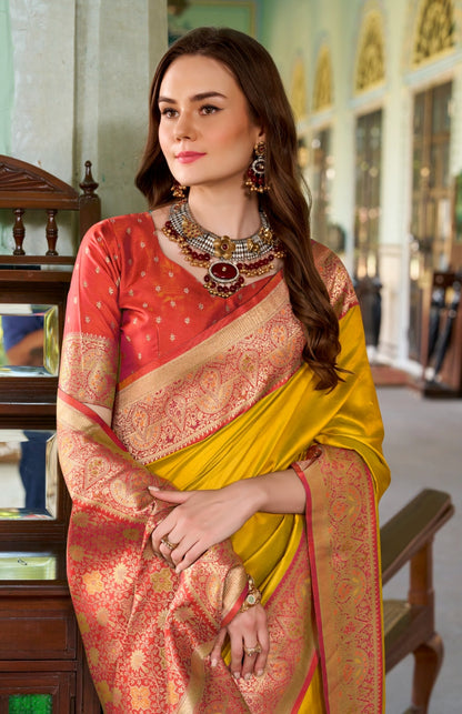 Yellow soft silk zari weaving saree with blouse Piece