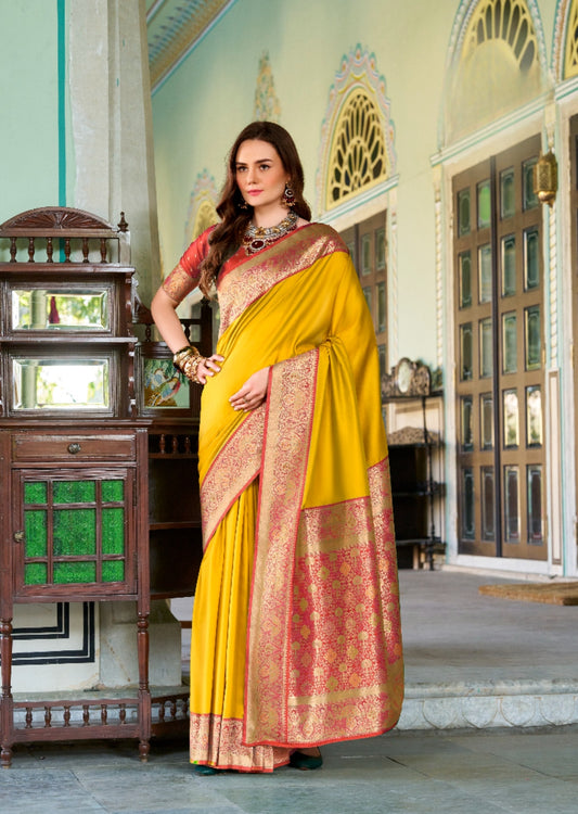Yellow soft silk zari weaving saree with blouse Piece