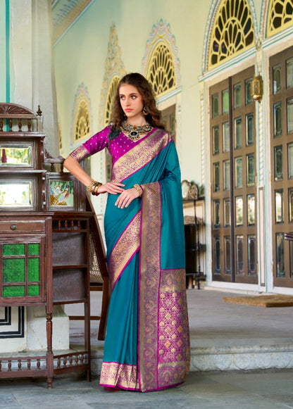 Teal soft Banarasi silk zari weaving saree with blouse Piece