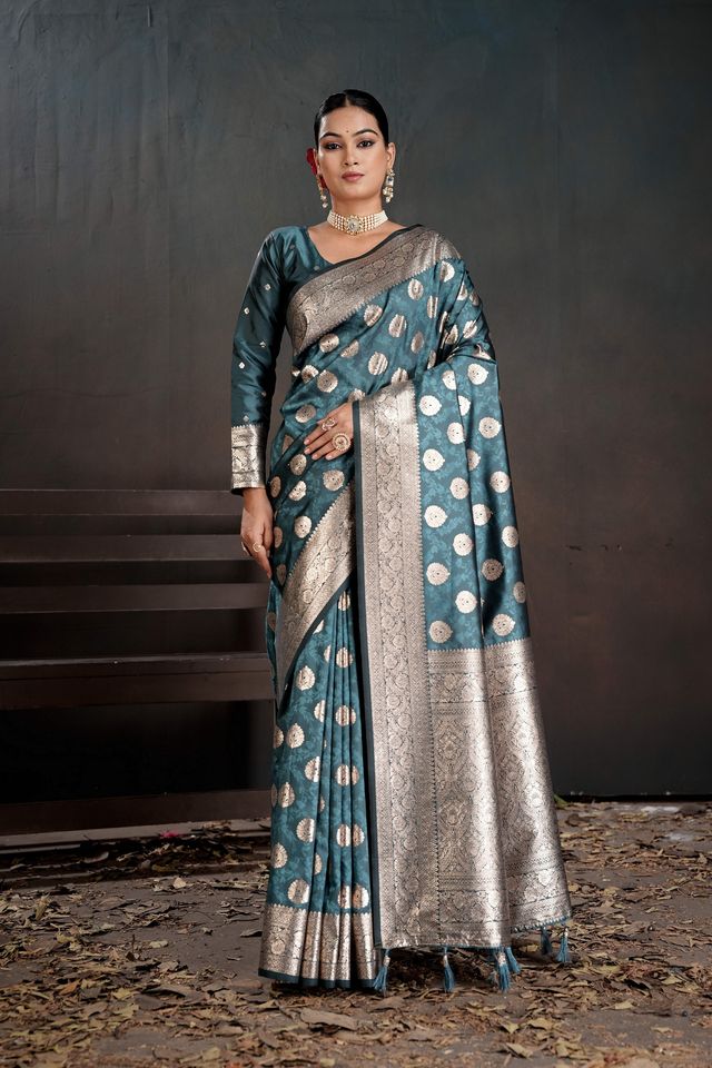 Teal Color Silk Blended Fabric Woven Jacquard Designer Partywear Saree
