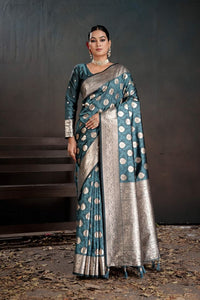 Teal Color Silk Blended Fabric Woven Jacquard Designer Partywear Saree