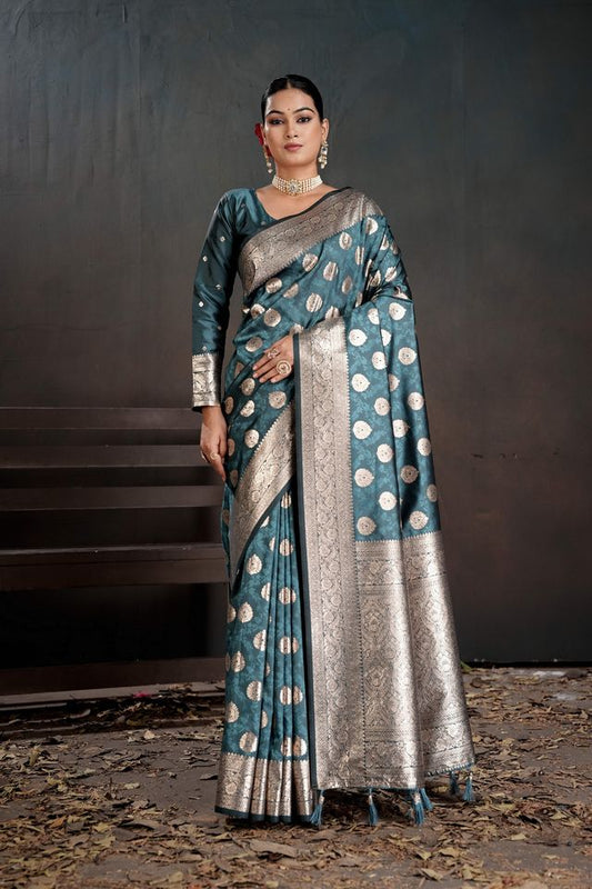Teal Color Silk Blended Fabric Woven Jacquard Designer Partywear Saree