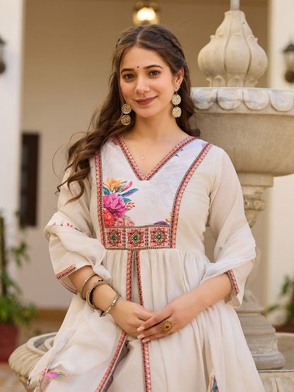Off White Color Silk Fabric Ceremonial Readymade Kurta Set with Dupatta