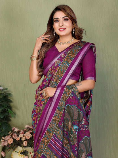 Purple Printed Mal Cotton Saree With Blouse