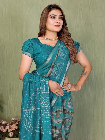 Blue Printed Mal Cotton Saree With Blouse