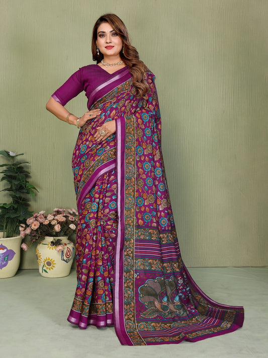 Purple Printed Mal Cotton Saree With Blouse