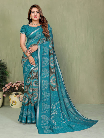 Blue Printed Mal Cotton Saree With Blouse