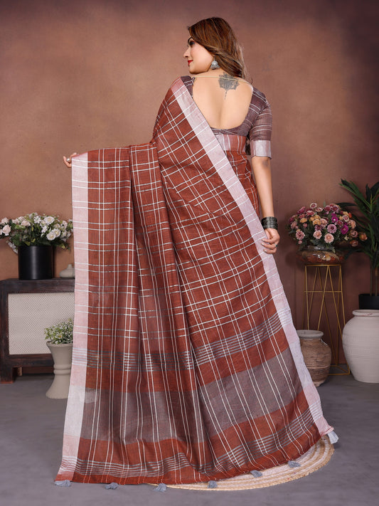 Chocolate Weaving Linen Cotton Saree With Blouse