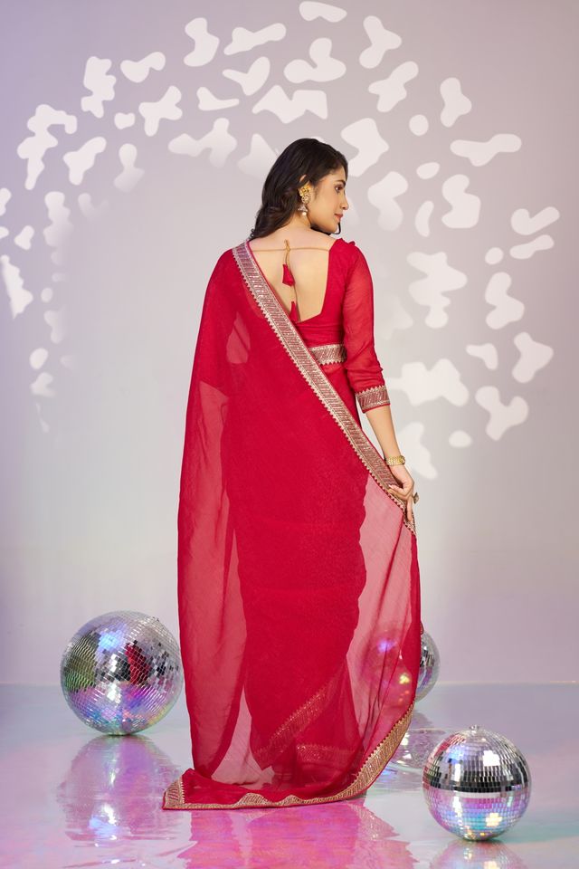 Red Color Crunchy Fabric Embroidery Work Ready To Wear Saree