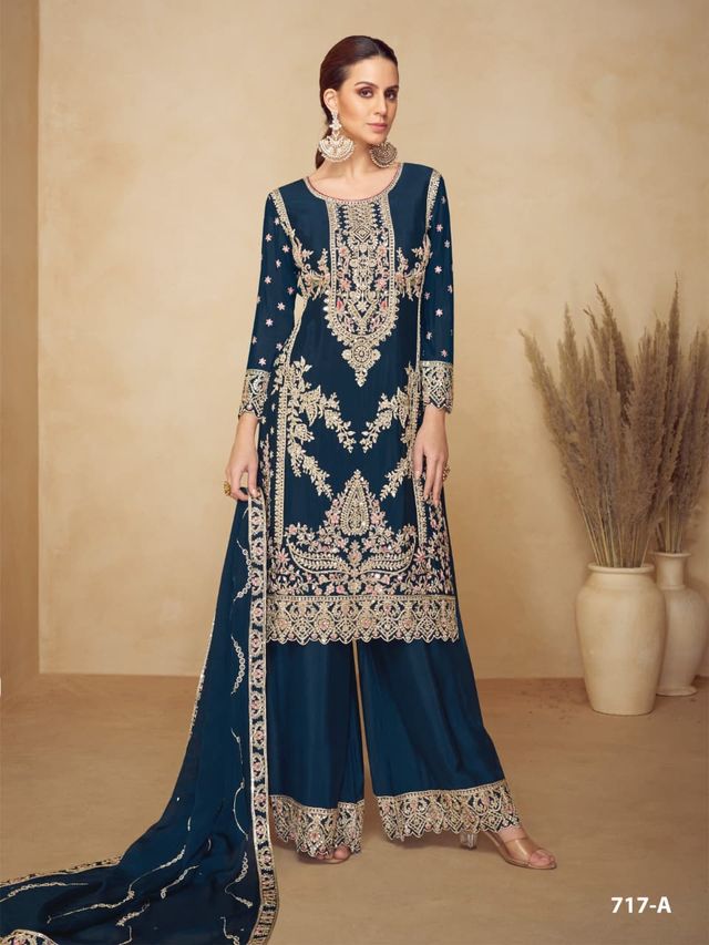Teal Chinon Semi stitched Wedding Suits