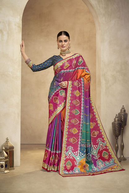 Graceful Ethnic Multy Color Bollywood Style Crepe Silk Designer Digital Foil Printed Saree