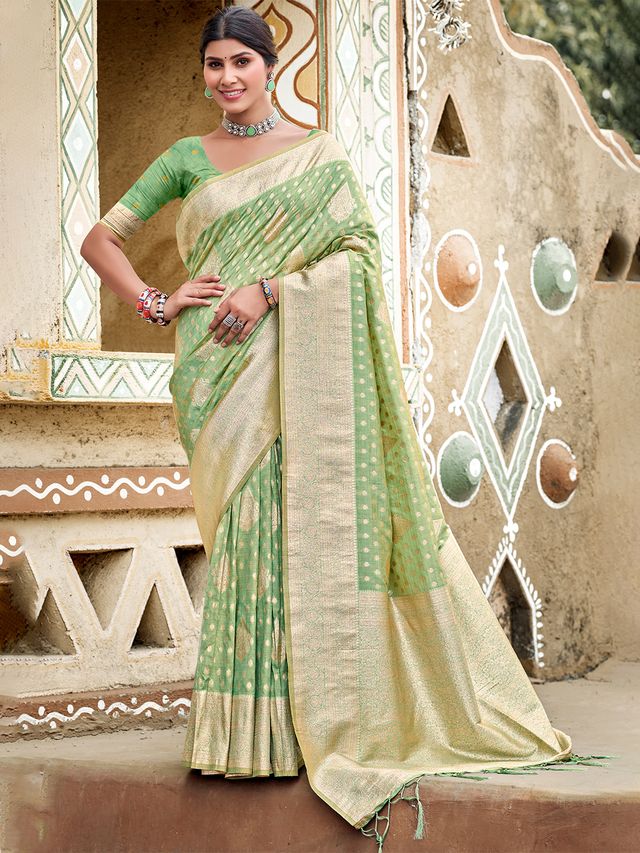 Sea Green Color Assam Silk Fabric Woven Designer Saree For Party Looks