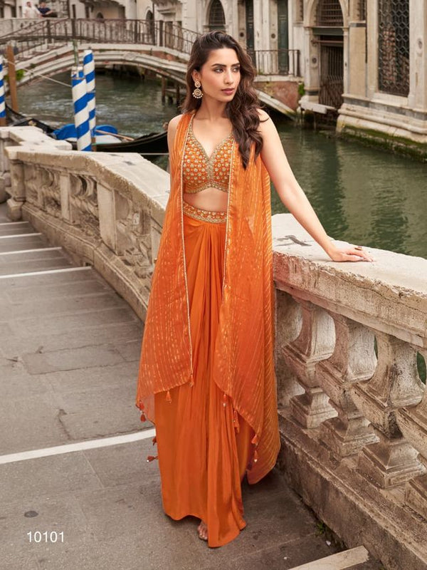Orange Chinon Silk Indowestern Crop Top, Skirt And Shrug Set Free Size Full Stitched Upto 42