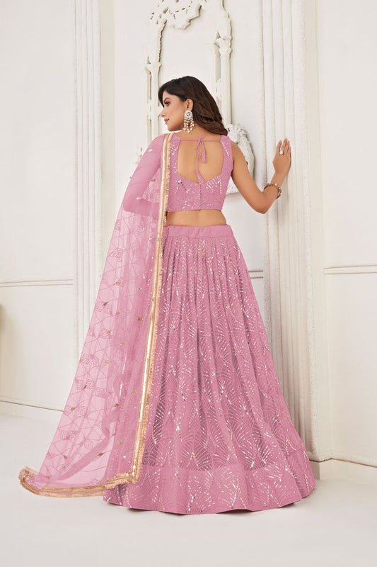 Pink Color Butterfly Net Fabric Designer Sequins Embroidered Ceremonial Lehenga Choli