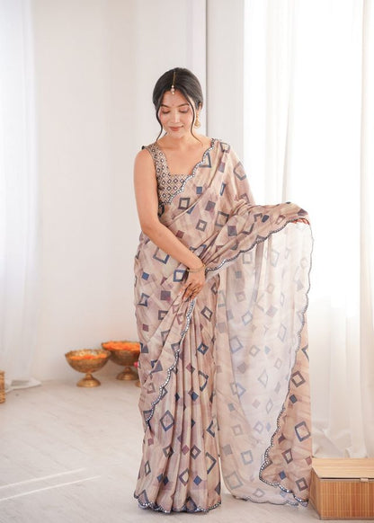 Brown Color Chinon Fabric Digital Print Smart Ethnic Saree