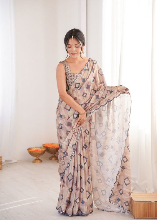 Brown Color Chinon Fabric Digital Print Smart Ethnic Saree