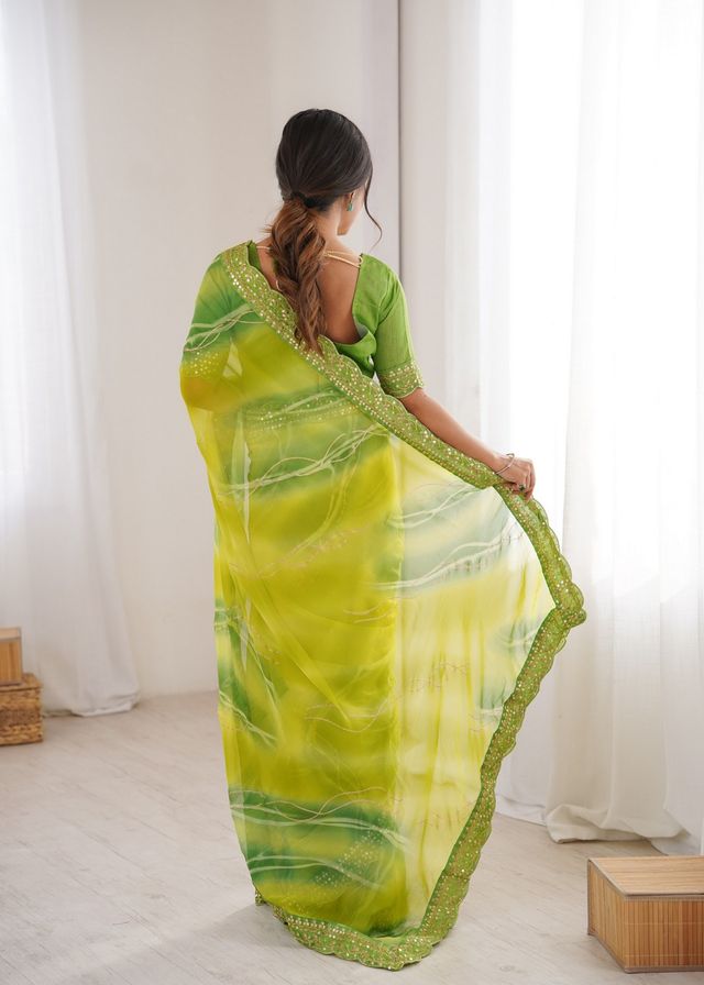 Mahendi Color Georgette Chiffon Fabric Saree With Designer Festive Looks Saree
