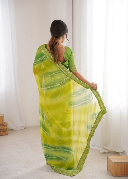 Mahendi Color Georgette Chiffon Fabric Saree With Designer Festive Looks Saree
