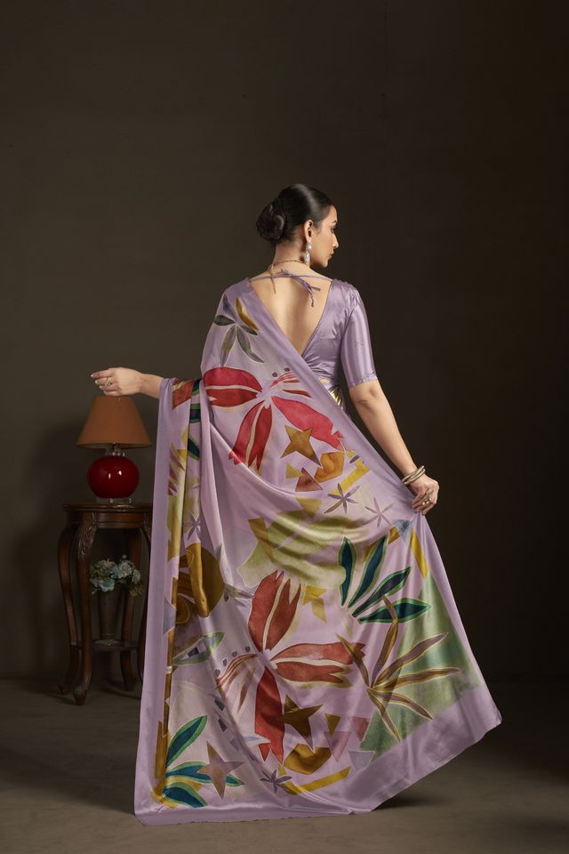 Purple Color Stylish Digital Printed Silk Crepe Fabric Saree For Trendy Looks