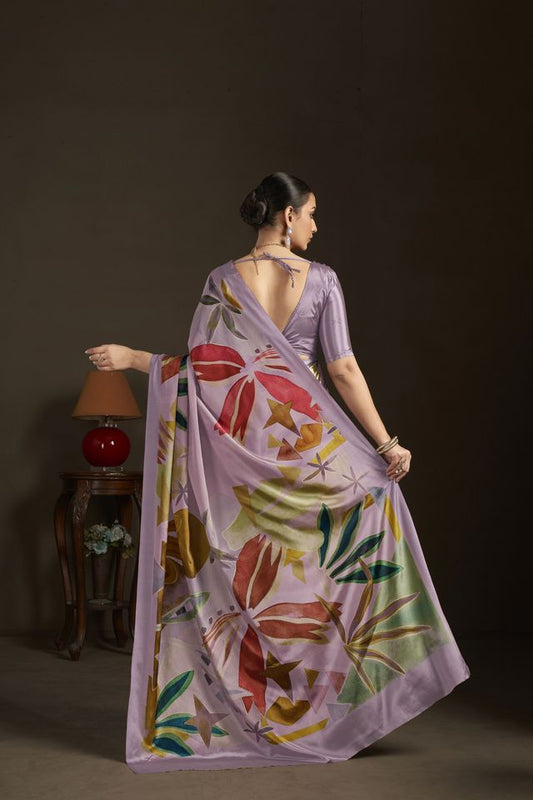 Purple Color Stylish Digital Printed Silk Crepe Fabric Saree For Trendy Looks