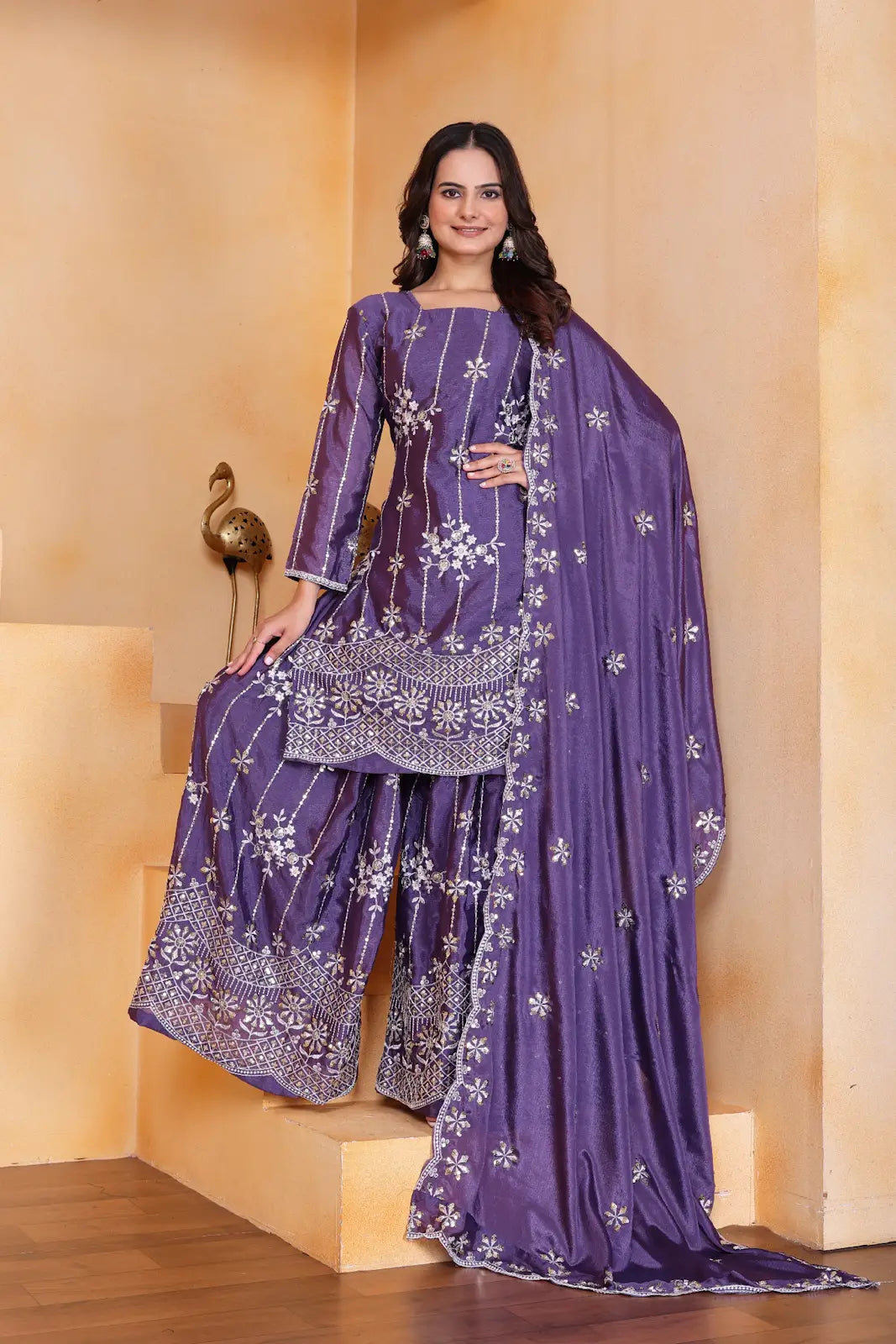 Women's Gorgeous Embroidery Work Chinon Fabric Straight Kurta Sharara and Dupatta Set 11