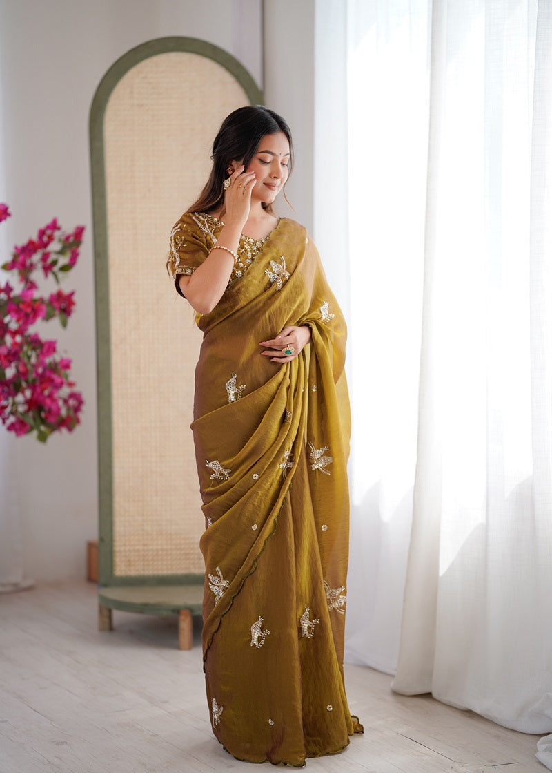 Mehendi Heavy Fendy satin With Birds Embroidered Beads Work saree With Unstitched Blouse