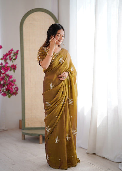 Mehendi Heavy Fendy satin With Birds Embroidered Beads Work saree With Unstitched Blouse