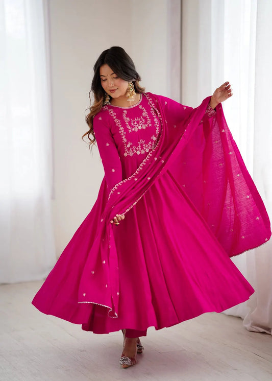 Women's Beautiful Embroidery Work Roman Chanderi Silk Fabric Flared Anarkali Pant and Dupatta Set