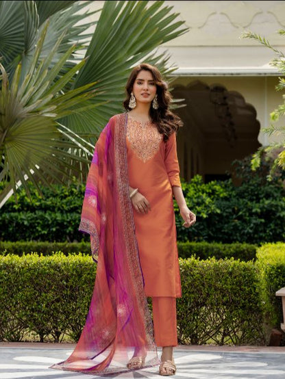 Women Gorgeous Embroidery Rayon Fabric with Straight Kurta, Pant and Dupatta Set 700