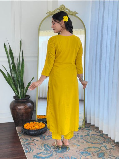 Women Beautiful Embroidery Rayon Fabric with Straight Kurta, Pant and Dupatta Set