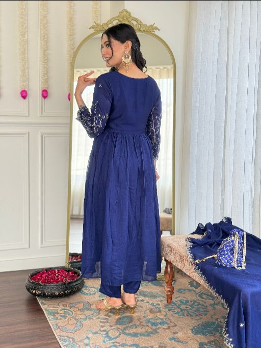 Women Beautiful Embroidery Vichitra Silk Fabric with Flared Kurta, Pant and Dupatta Set