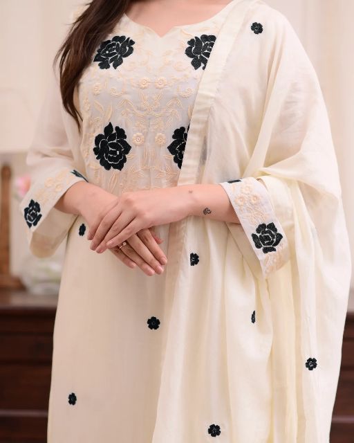 Women Gorgeous Chanderi Cotton Fabric Straight Kurta, Pant and Dupatta Set