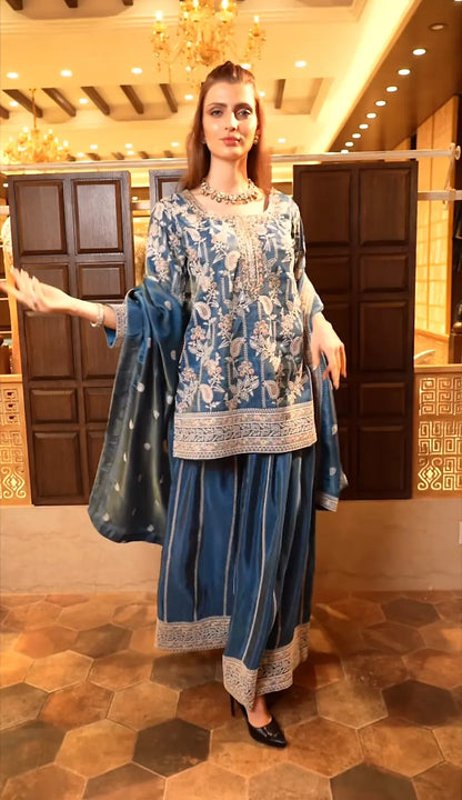 Women's Chinon fabric Embroidery work Kurta with Sharara and Dupatta set 76