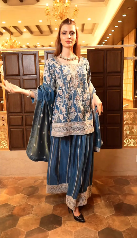 Women's Chinon fabric Embroidery work Kurta with Sharara and Dupatta set 76