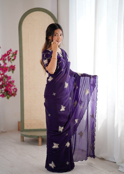 Purple Heavy Fendy satin With Butterfly Embroidered Beads Work saree With Unstitched Blouse