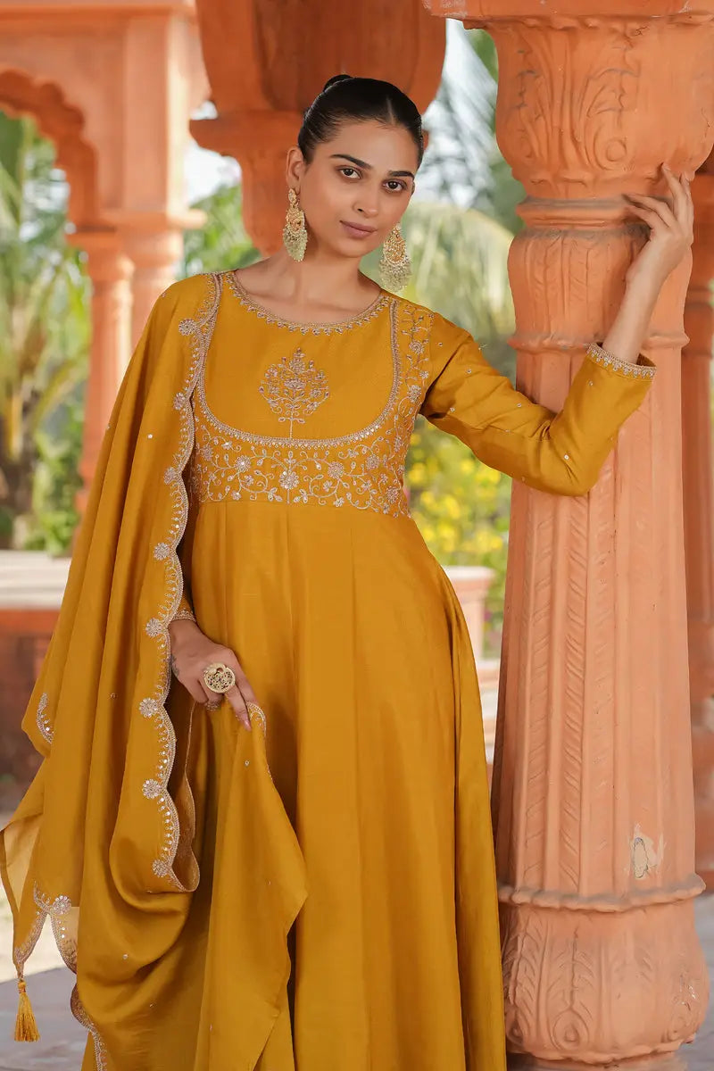 Women's Beautiful Vichitra Silk Fabric Embroidery Work Flared Anarkali Pant and Dupatta Set 102