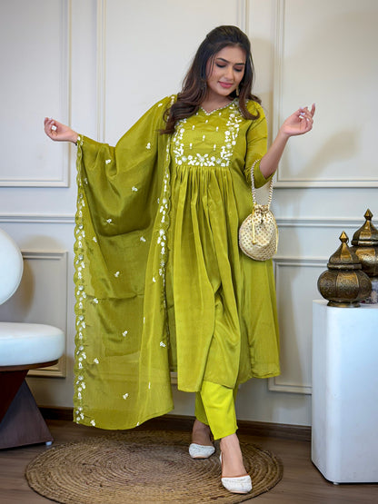 Women's Gorgeous Chinon Embroidery Straight Kurta with Pant And Dupatta Set