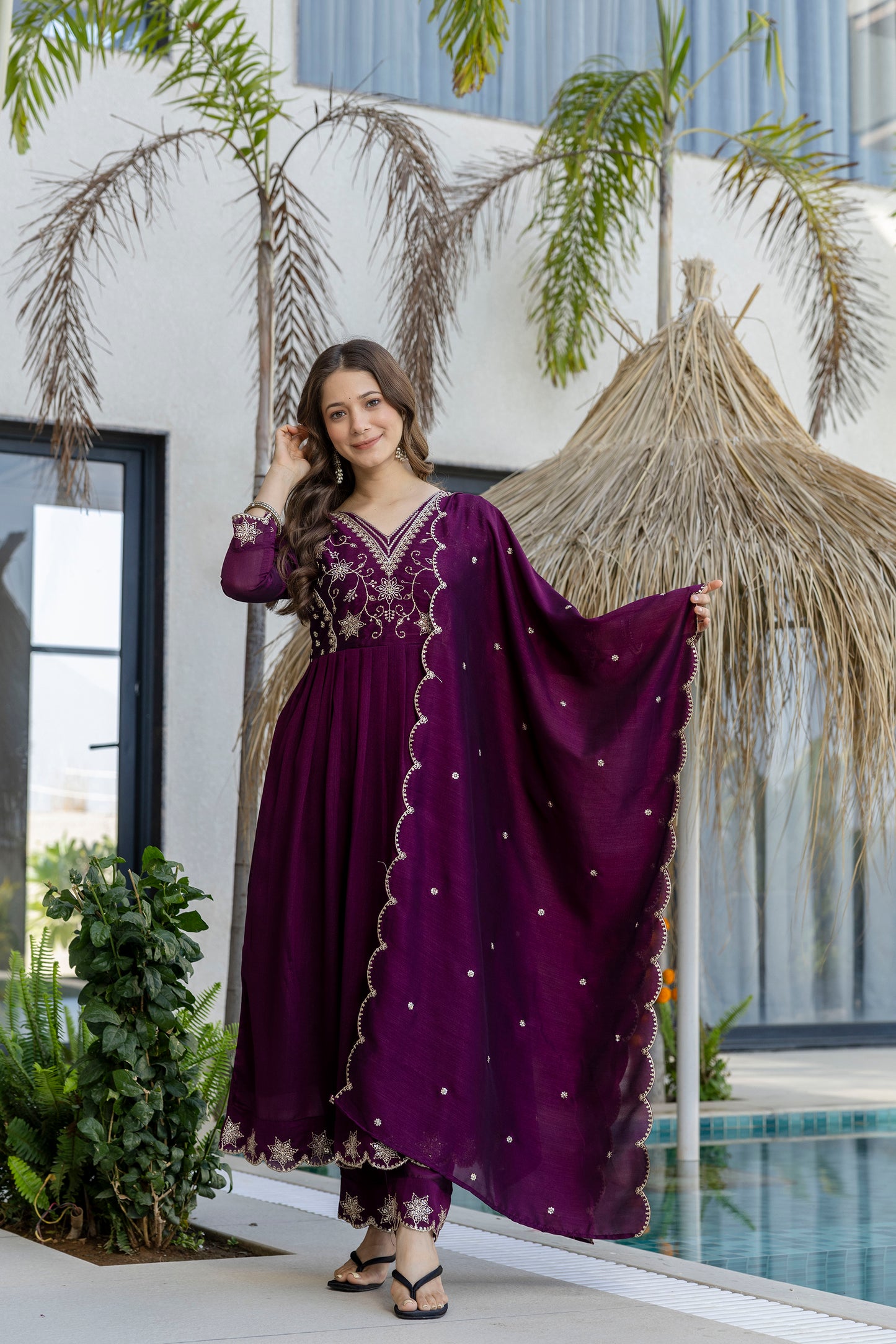 Women's Beautiful Embroidery Work Vichitra Silk Fabric Flared Anarkali Pant and Dupatta Set
