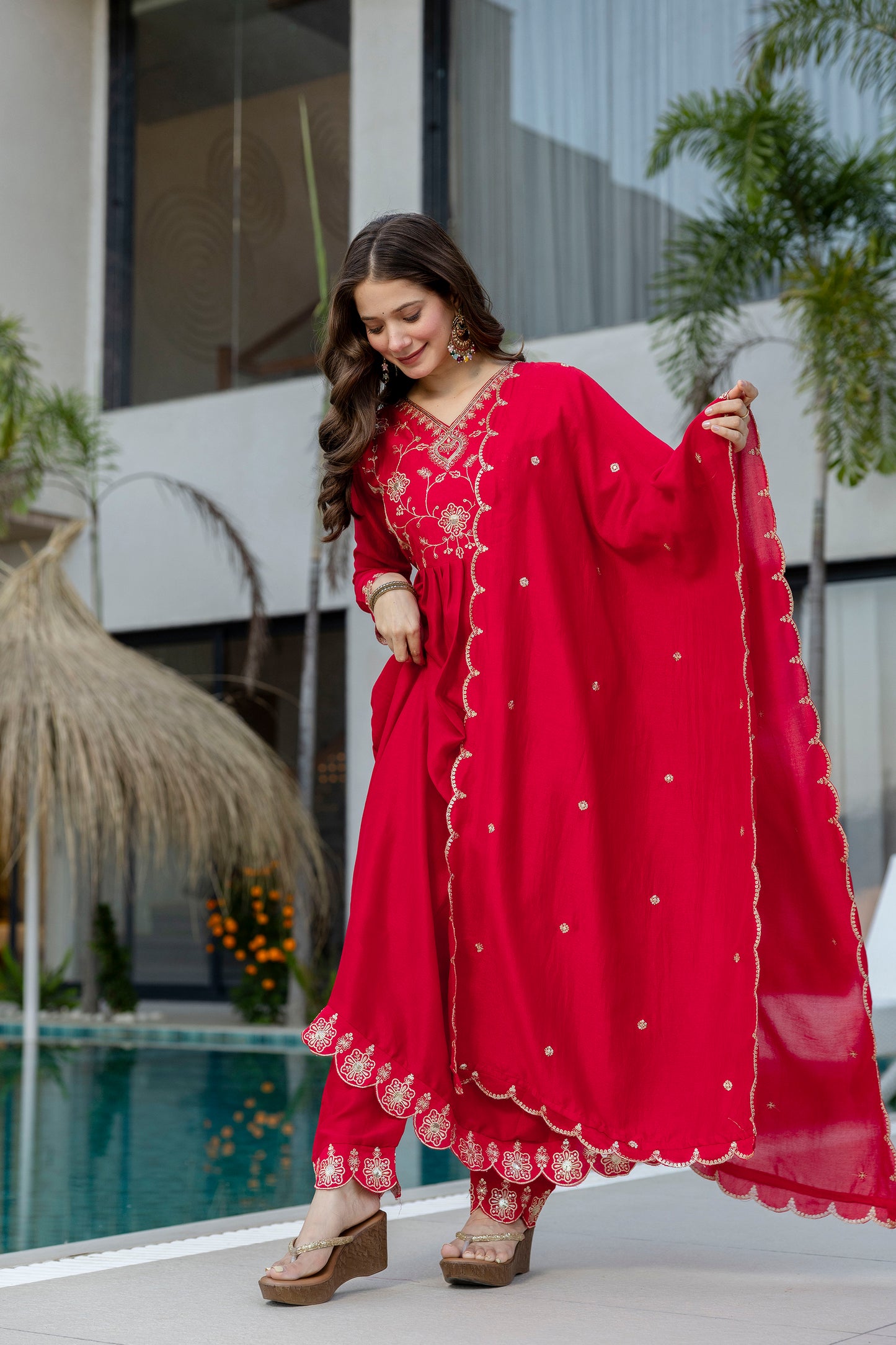 Women's Beautiful Vichitra Silk Fabric Embroidery Work Flared Anarkali Pant and Dupatta Set Red