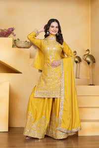 Women's Gorgeous Embroidery Work Crep Fabric Straight Kurta Sharara and Dupatta Set