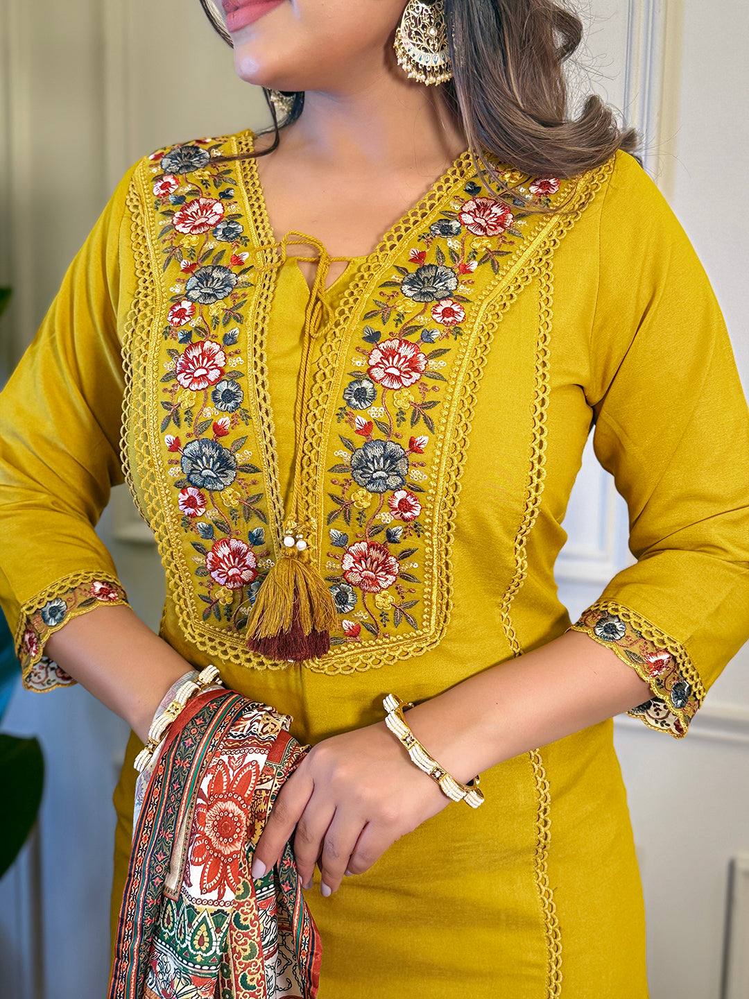 Women's Gorgeous Viscose Embroidery Straight Kurta with Pant And Dupatta Set Mustard 3887