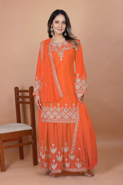 Women's Gorgeous Embroidery Work Chinon Fabric Straight Kurta Sharara and Dupatta Set