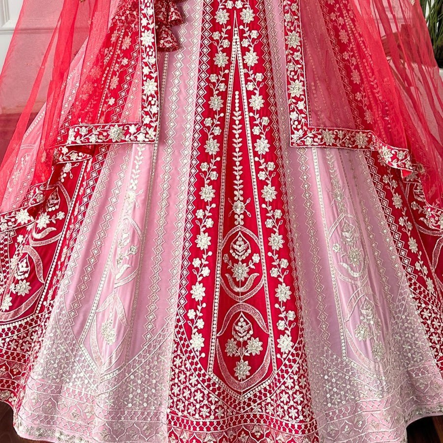 Designer Red Embroidered Bridal Lehenga Choli Set with Net Dupatta