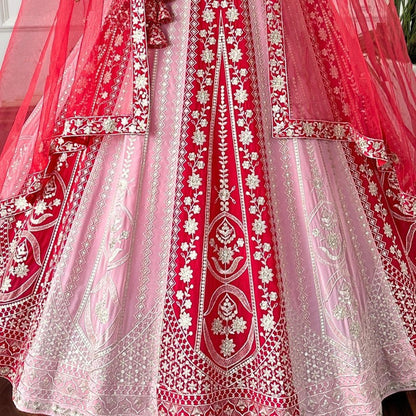 Designer Red Embroidered Bridal Lehenga Choli Set with Net Dupatta