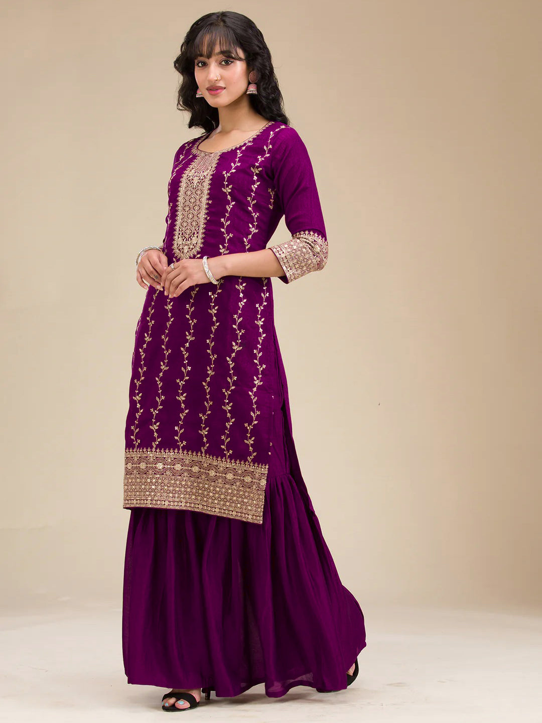 Beautiful Embroidered Vichitra Silk Fabric Straight Kurta, Palazzo and Dupatta Set