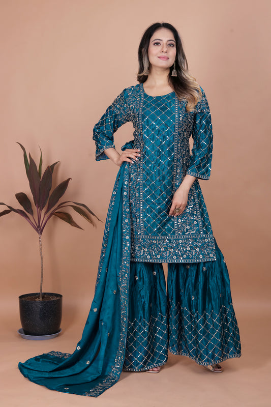 Women's Gorgeous Embroidery Chinon Fabric Straight Kurta Sharara and Dupatta Set