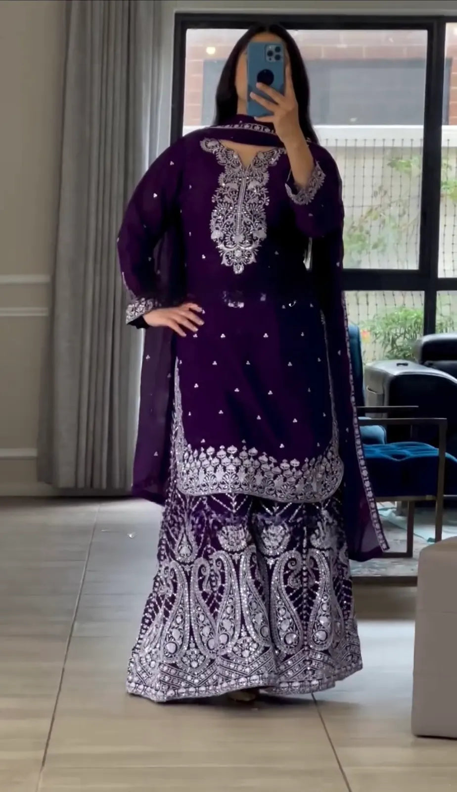Women's Chinon fabric Embroidery work Kurta with Sharara and Dupatta set-78