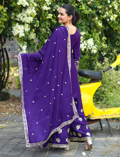 Women's Beautiful Embroidery Work Chinon Fabric Straight Kurta Sharara and Dupatta Set