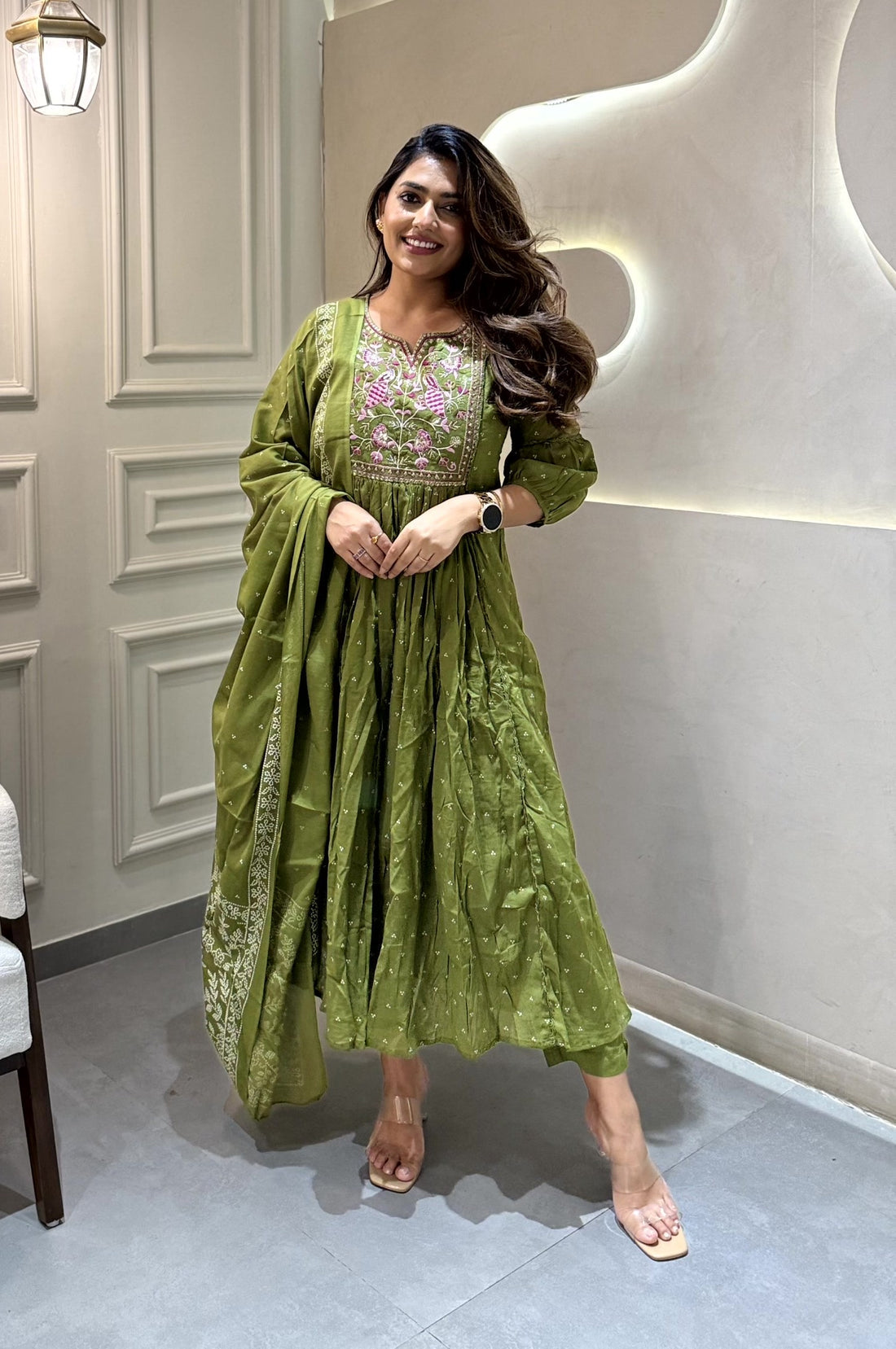 Green Women's Cotton Fabric Pleated Kurta, Pant and Dupatta Set